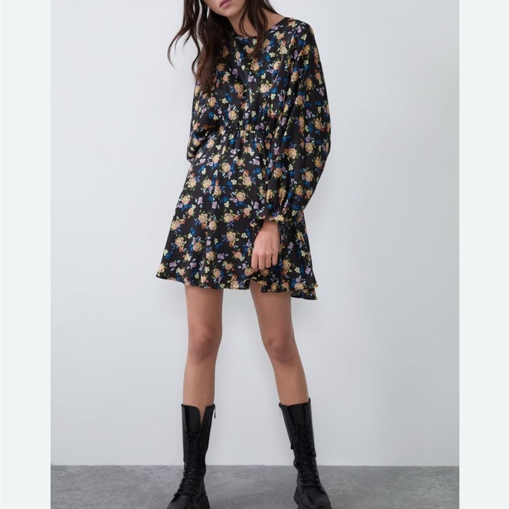 ZARA Floral Satin Long Sleeve MINI Dress